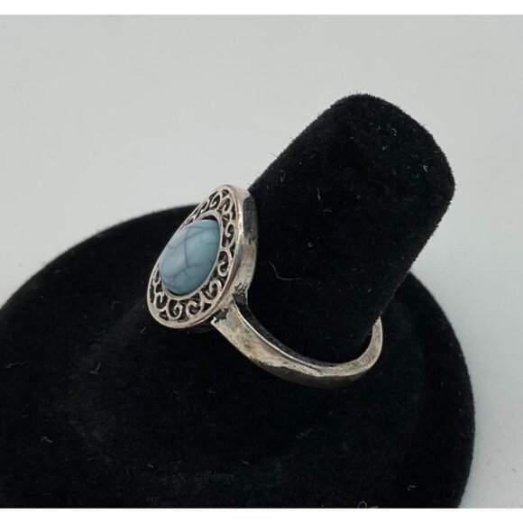 Silver Tone Oval Blue Veined Stone Solitaire Filigree Frame Ring 6.5 - Picture 3 of 6